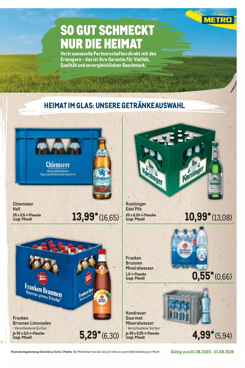 Aktueller Prospekt Metro - Regionaler Flyer - von 01.08 bis 31.08.2025 - strona 107 - produkty: Alwa, auer, brunnen, flasche, franken brunnen, getränk, getränke, limo, limonade, limonaden, mac, mineralwasser, Palette, pils, Ti, wasser