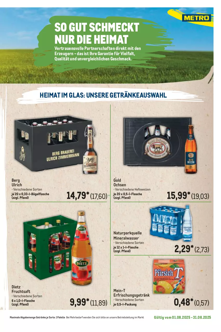 Aktueller Prospekt Metro - Regionaler Flyer - von 01.08 bis 31.08.2025 - strona 119 - produkty: Alwa, bügel, bügelflasche, elle, erfrischungsgetränk, flasche, frucht, fruchtsaft, getränk, getränke, Hefe, hefeweizen, mac, mineralwasser, natur, Palette, saft, Ti, wasser