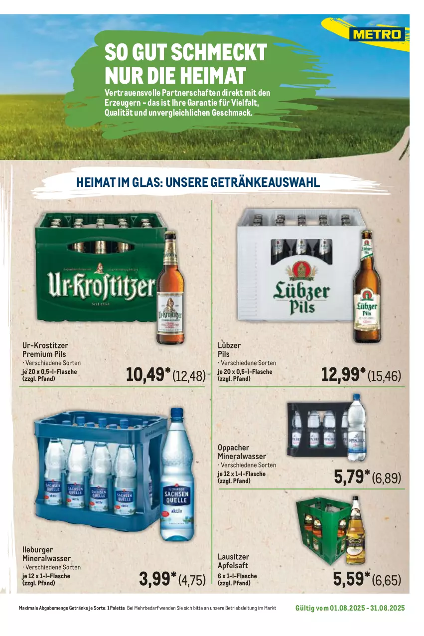Aktueller Prospekt Metro - Regionaler Flyer - von 01.08 bis 31.08.2025 - strona 121 - produkty: Alwa, apfel, apfelsaft, burger, flasche, getränk, getränke, Lübzer, mac, mineralwasser, Palette, pils, premium pils, saft, Ti, wasser