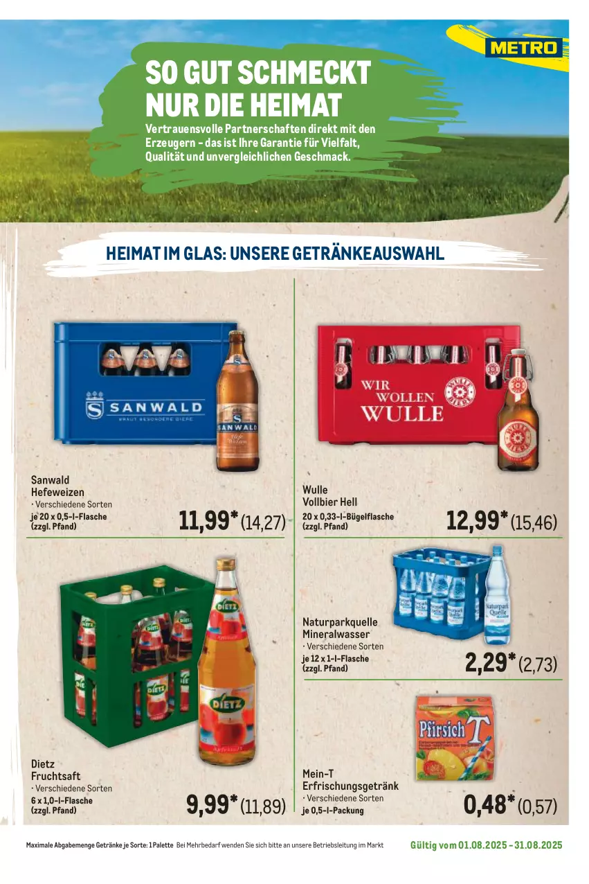 Aktueller Prospekt Metro - Regionaler Flyer - von 01.08 bis 31.08.2025 - strona 125 - produkty: Alwa, bier, bügel, bügelflasche, elle, erfrischungsgetränk, flasche, frucht, fruchtsaft, getränk, getränke, Hefe, hefeweizen, mac, mineralwasser, natur, Palette, saft, Ti, wasser