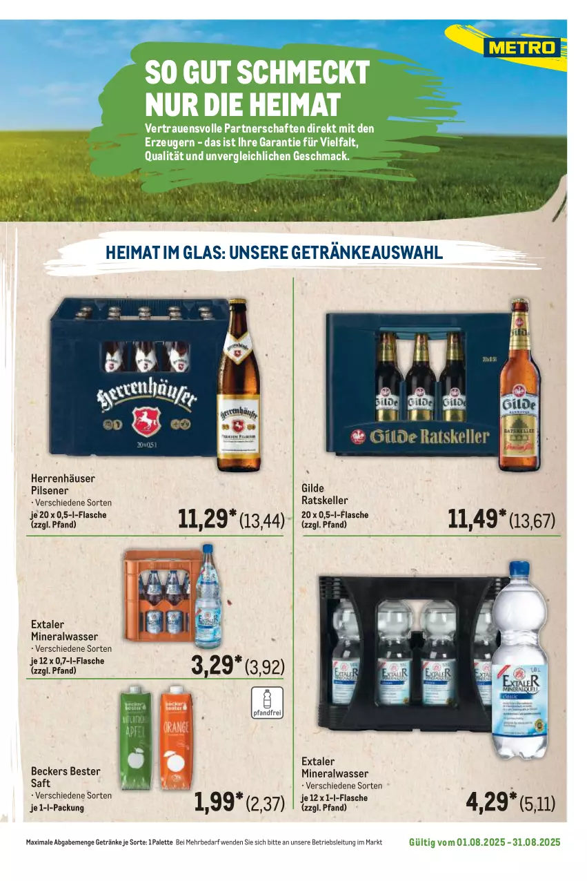 Aktueller Prospekt Metro - Regionaler Flyer - von 01.08 bis 31.08.2025 - strona 17 - produkty: Alwa, Beckers Bester, elle, Extaler, flasche, getränk, getränke, mac, mineralwasser, Palette, pils, pilsener, saft, Ti, wasser