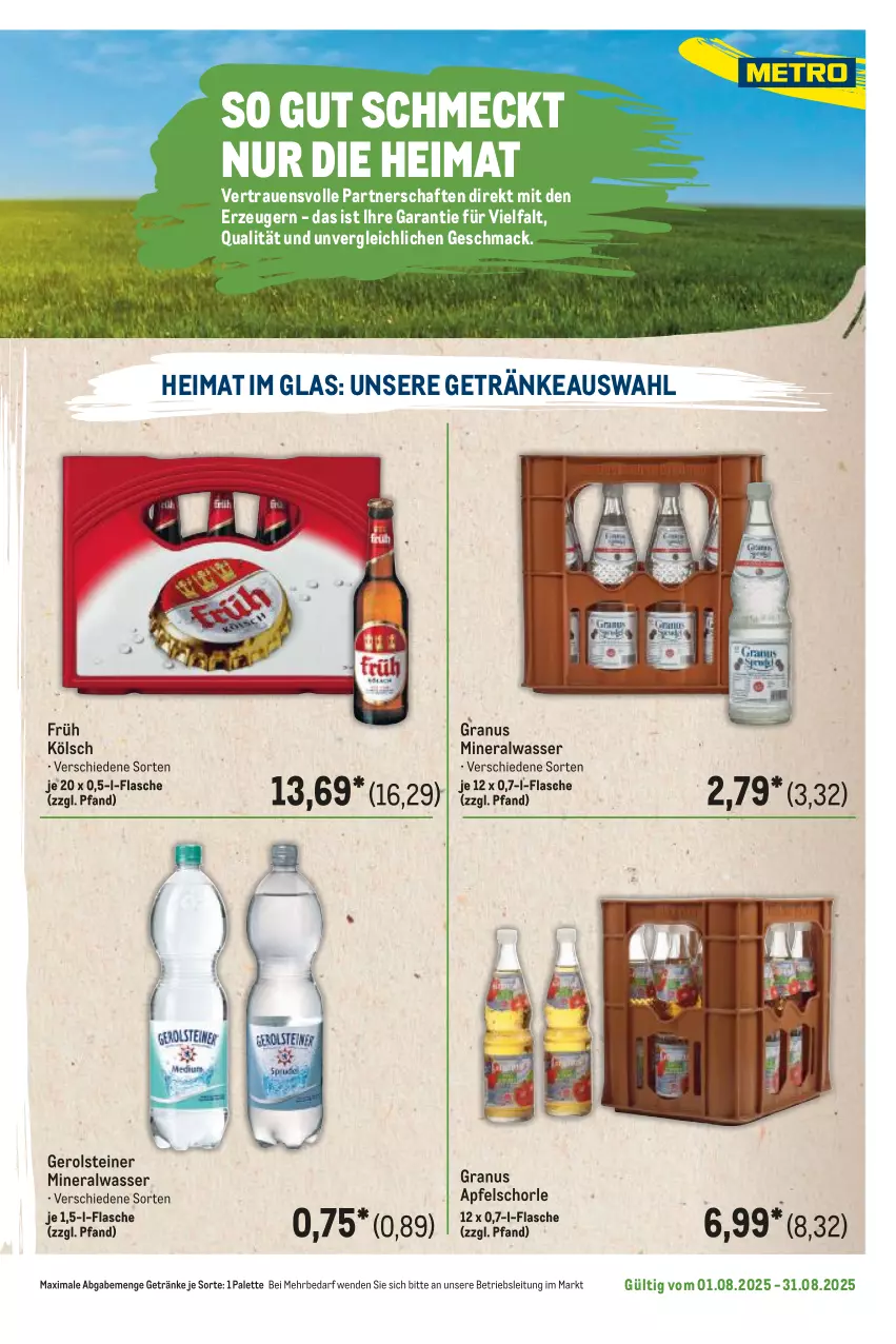 Aktueller Prospekt Metro - Regionaler Flyer - von 01.08 bis 31.08.2025 - strona 25 - produkty: Alwa, apfel, Apfelschorle, flasche, Früh Kölsch, gerolsteine, gerolsteiner, getränk, getränke, mac, mineralwasser, Palette, schorle, steiner, Ti, wasser
