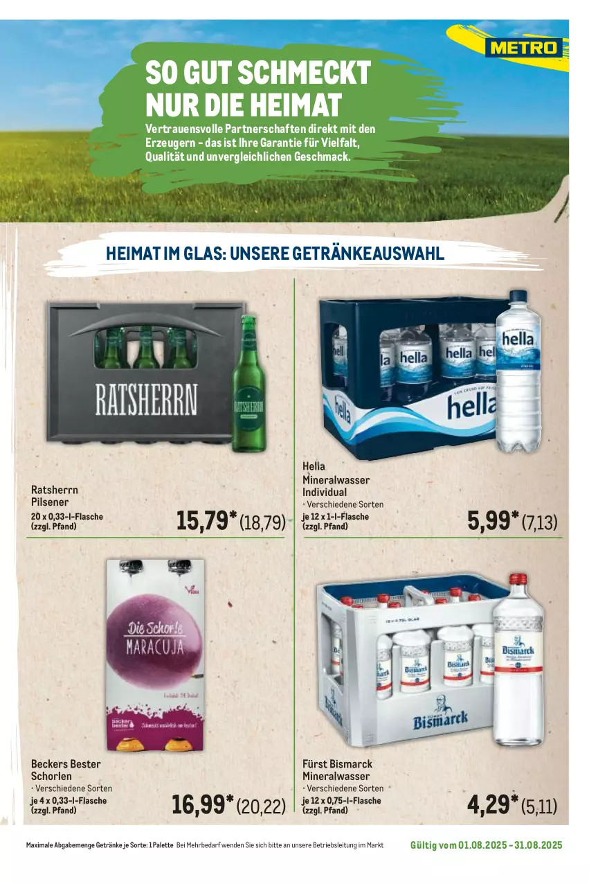Aktueller Prospekt Metro - Regionaler Flyer - von 01.08 bis 31.08.2025 - strona 27 - produkty: Alwa, Beckers Bester, bismarck, flasche, getränk, getränke, hella, mac, mineralwasser, Palette, pils, pilsener, Ratsherrn, schorle, Ti, wasser