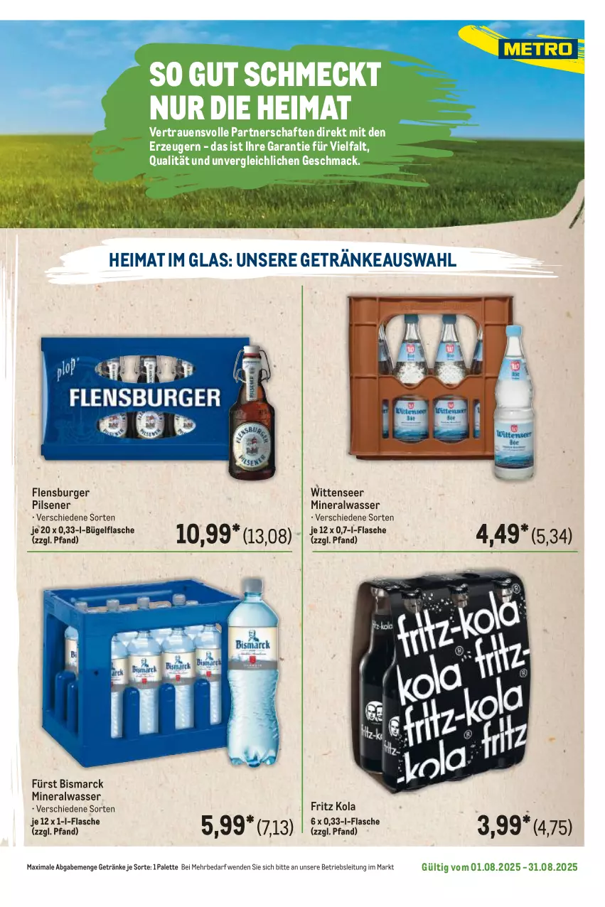 Aktueller Prospekt Metro - Regionaler Flyer - von 01.08 bis 31.08.2025 - strona 31 - produkty: Alwa, bismarck, bügel, bügelflasche, burger, flasche, flensburger, fritz, getränk, getränke, mac, mineralwasser, Palette, pils, pilsener, Ti, wasser