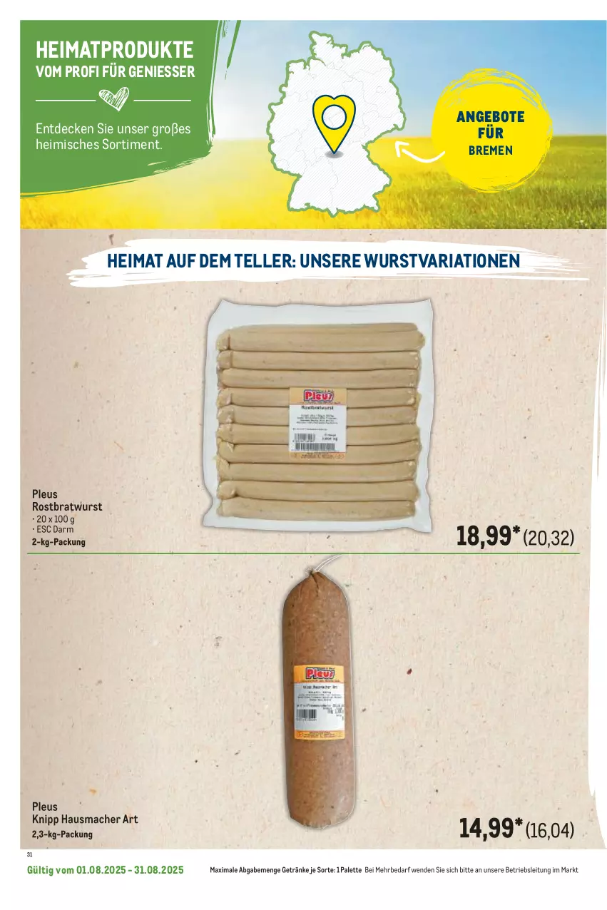 Aktueller Prospekt Metro - Regionaler Flyer - von 01.08 bis 31.08.2025 - strona 38 - produkty: angebot, angebote, bratwurst, decke, elle, getränk, getränke, Hausmacher, mac, Palette, Ria, rostbratwurst, teller, Ti, wurst