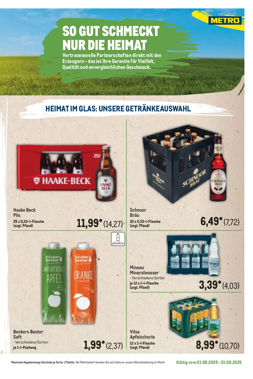 Aktueller Prospekt Metro - Regionaler Flyer - von 01.08 bis 31.08.2025 - strona 39 - produkty: Alwa, apfel, Apfelschorle, Beckers Bester, flasche, getränk, getränke, mac, mineralwasser, Palette, pils, saft, schorle, Ti, vilsa, wasser