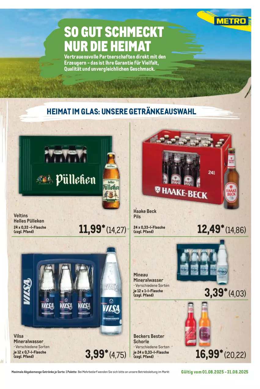 Aktueller Prospekt Metro - Regionaler Flyer - von 01.08 bis 31.08.2025 - strona 43 - produkty: Alwa, Beckers Bester, elle, flasche, getränk, getränke, mac, mineralwasser, Palette, pils, schorle, Ti, veltins, vilsa, wasser