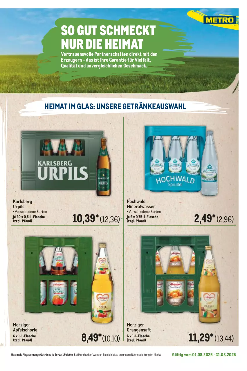 Aktueller Prospekt Metro - Regionaler Flyer - von 01.08 bis 31.08.2025 - strona 7 - produkty: Alwa, apfel, Apfelschorle, flasche, getränk, getränke, hochwald, karlsberg, mac, mineralwasser, orange, orangen, orangensaft, Palette, pils, saft, schorle, Ti, wasser