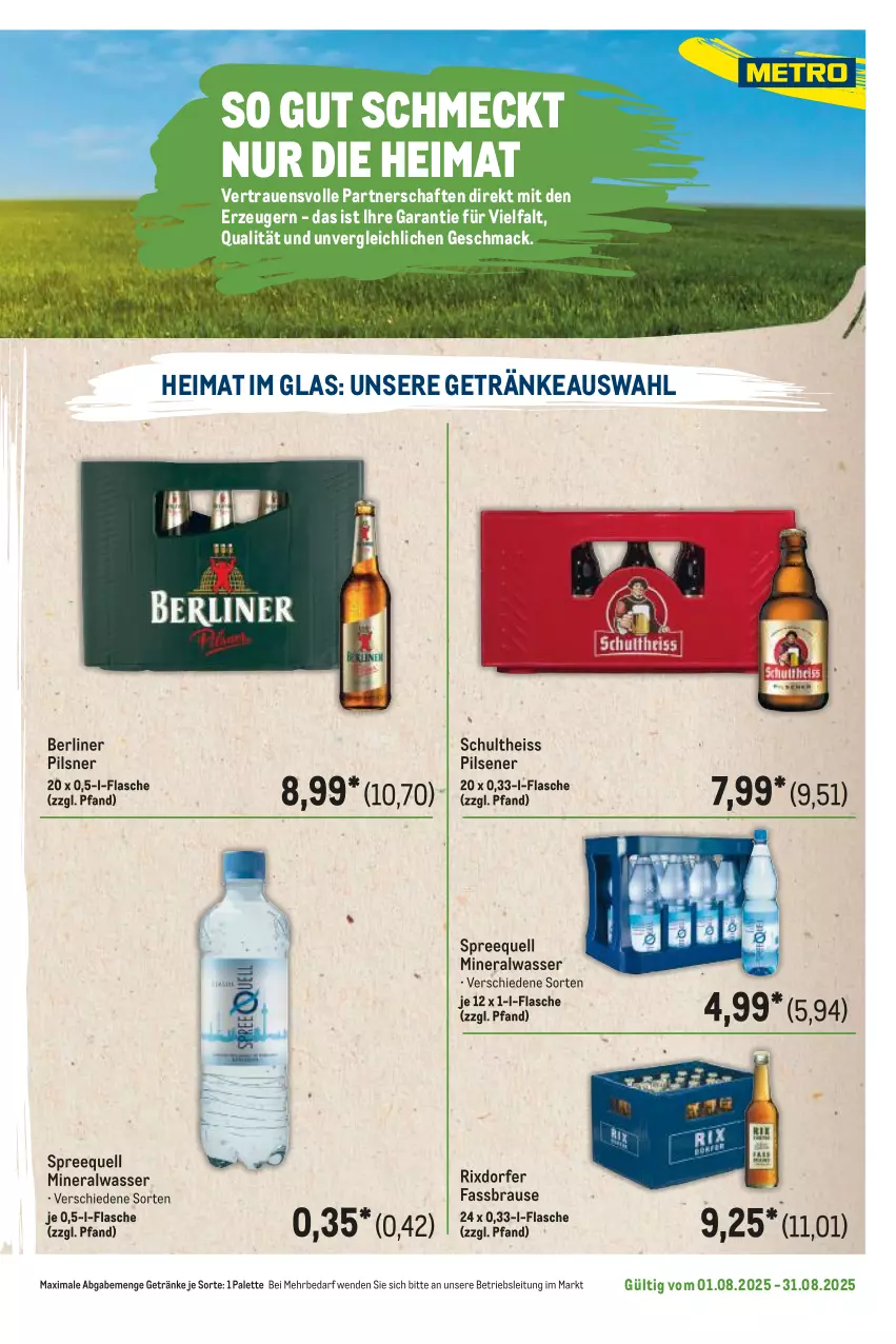 Aktueller Prospekt Metro - Regionaler Flyer - von 01.08 bis 31.08.2025 - strona 75 - produkty: Alwa, berliner, brause, eis, fassbrause, flasche, getränk, getränke, mac, mineralwasser, Palette, pils, pilsener, pilsner, Schultheiss, Spreequell, Ti, wasser