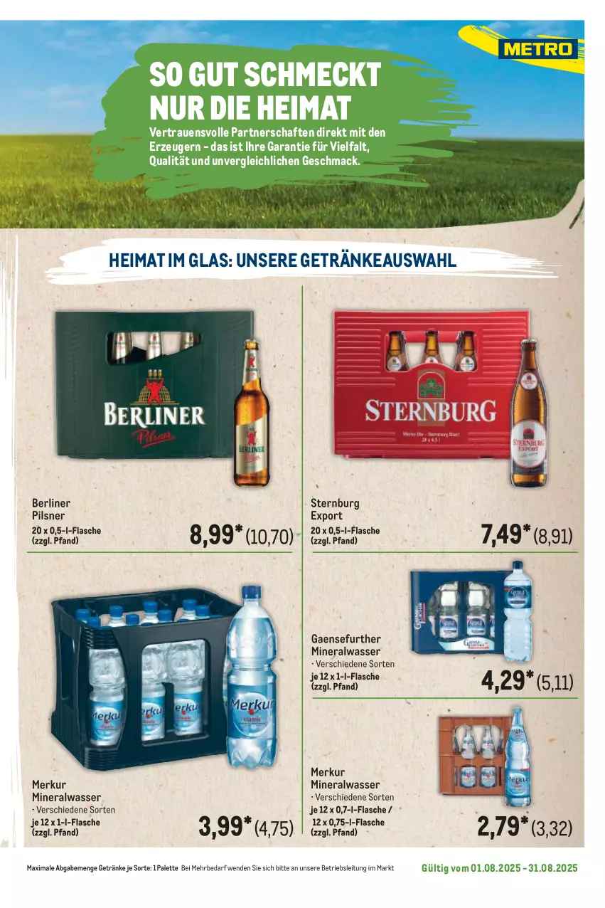 Aktueller Prospekt Metro - Regionaler Flyer - von 01.08 bis 31.08.2025 - strona 79 - produkty: Alwa, berliner, flasche, getränk, getränke, mac, mineralwasser, Palette, pils, pilsner, Sternburg, Ti, wasser