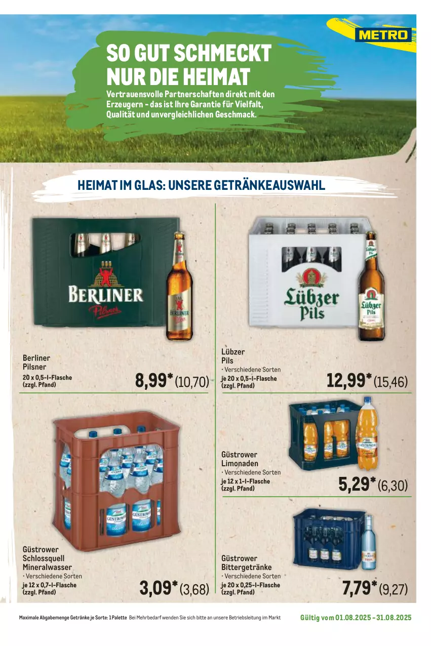 Aktueller Prospekt Metro - Regionaler Flyer - von 01.08 bis 31.08.2025 - strona 83 - produkty: Alwa, berliner, flasche, getränk, getränke, limo, limonade, limonaden, Lübzer, mac, mineralwasser, Palette, pils, pilsner, Ti, wasser