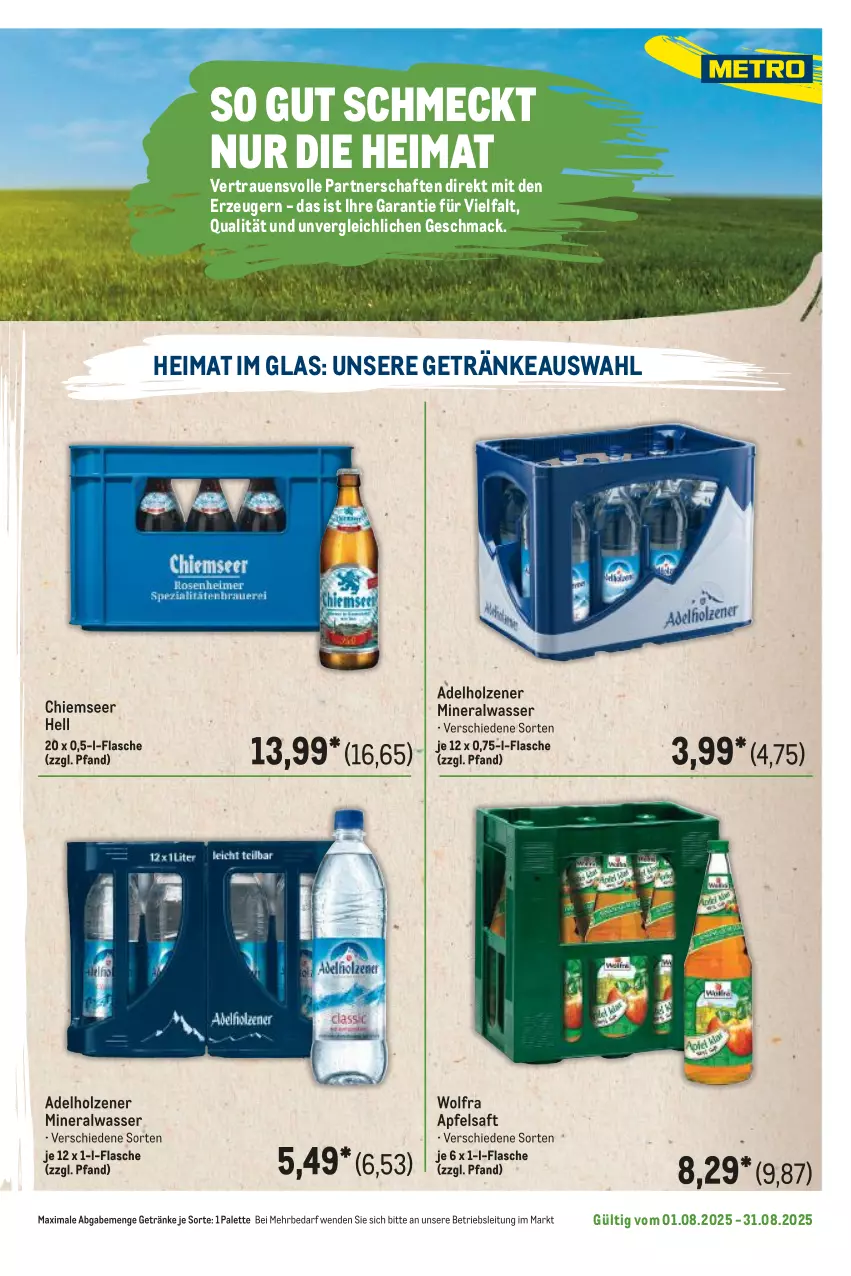 Aktueller Prospekt Metro - Regionaler Flyer - von 01.08 bis 31.08.2025 - strona 87 - produkty: adelholzener, Alwa, apfel, apfelsaft, flasche, getränk, getränke, Holz, mac, mineralwasser, Palette, saft, Ti, wasser