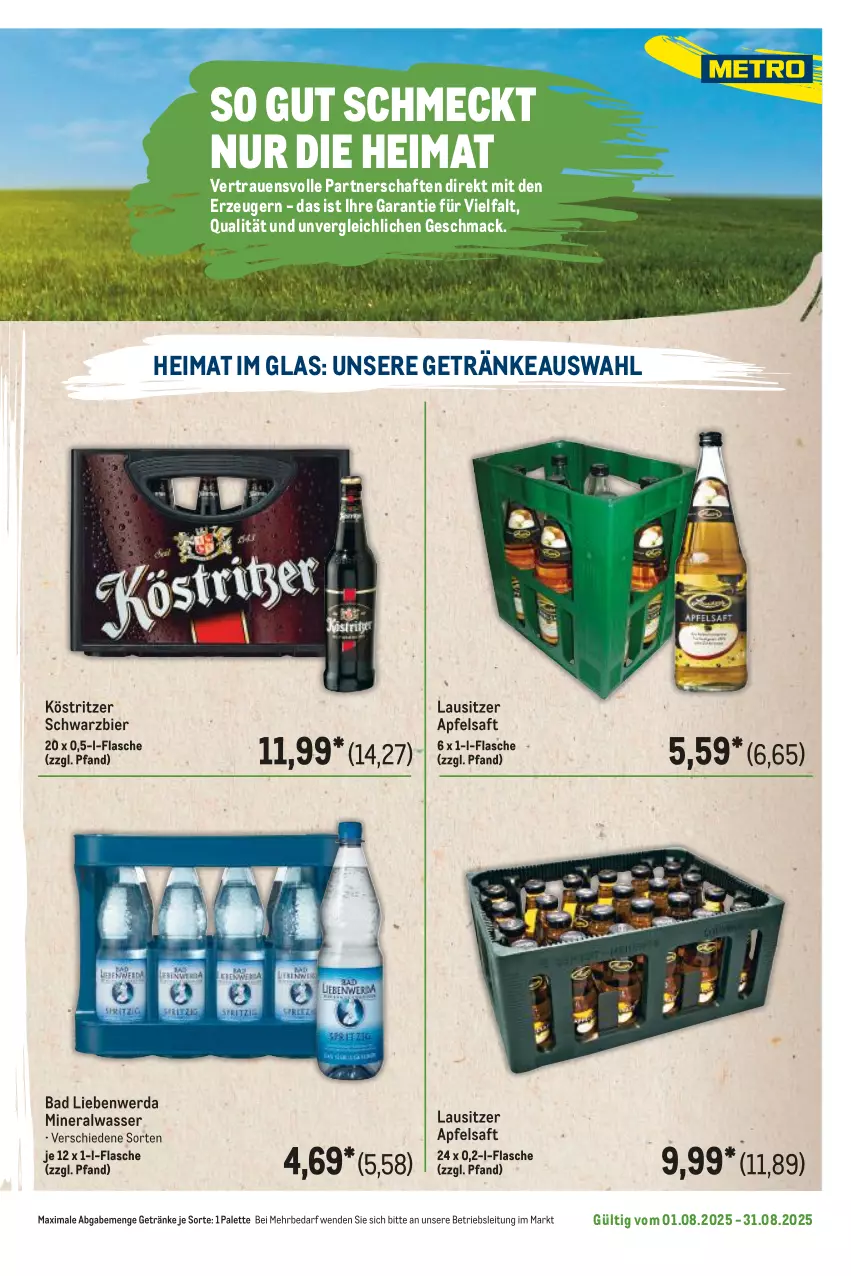 Aktueller Prospekt Metro - Regionaler Flyer - von 01.08 bis 31.08.2025 - strona 93 - produkty: Alwa, apfel, apfelsaft, Bad, Bad Liebenwerda, bier, flasche, getränk, getränke, köstritzer, mac, mineralwasser, Palette, saft, Ti, wasser
