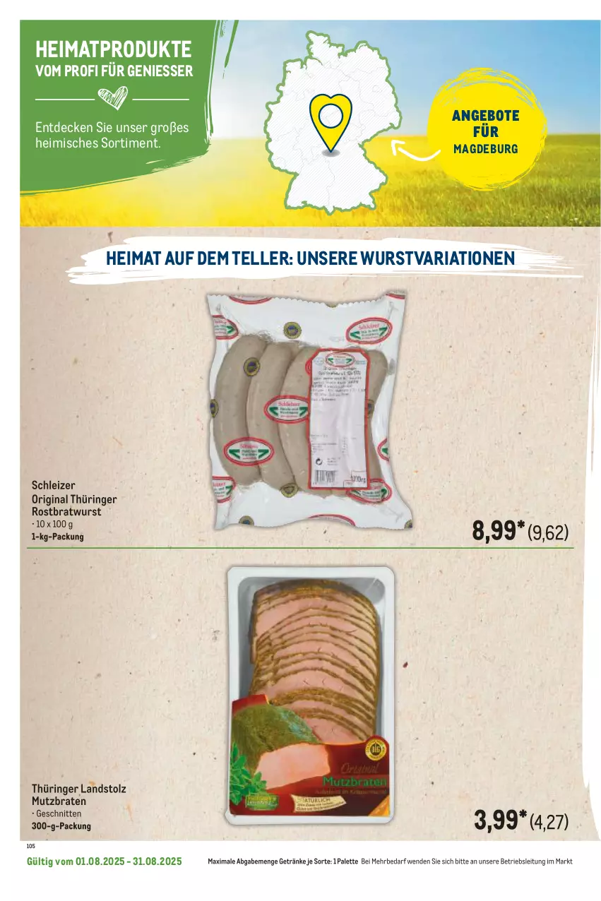 Aktueller Prospekt Metro - Regionaler Flyer - von 01.08 bis 31.08.2025 - strona 96 - produkty: angebot, angebote, braten, bratwurst, decke, elle, getränk, getränke, gin, original thüringer, Palette, Ria, ring, rostbratwurst, schnitten, teller, thüringer rostbratwurst, Ti, wurst