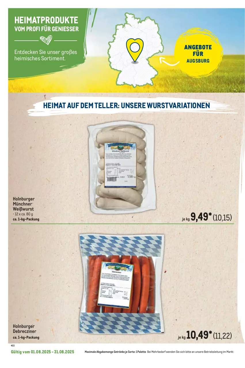 Aktueller Prospekt Metro - Regionaler Flyer - von 01.08 bis 31.08.2025 - strona 98 - produkty: angebot, angebote, burger, debrecziner, decke, elle, getränk, getränke, Palette, Ria, teller, Ti, Weißwurst, wurst