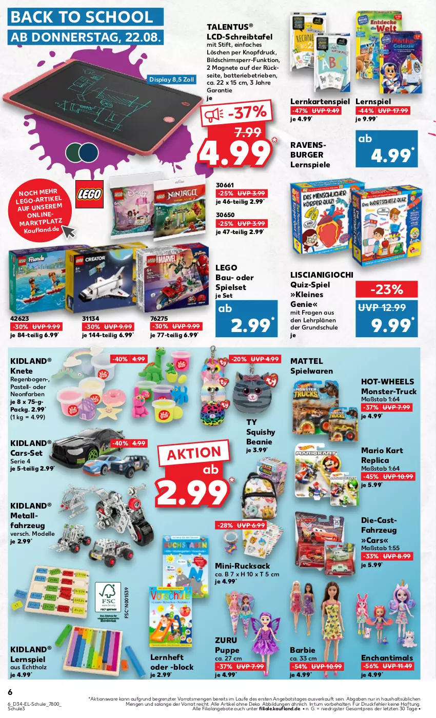 Aktueller Prospekt Kaufland - Kaufland - von 22.08 bis 04.09.2024 - strona 6 - produkty: angebot, angebote, Barbie, batterie, Bau, Beanie, burger, Cars, dell, eis, elle, Holz, Kartenspiel, leine, Lernspiel, Mattel, Mode, monster, Puppe, ravensburger, reis, rucksack, sac, Spiele, spielwaren, Ti, ZTE