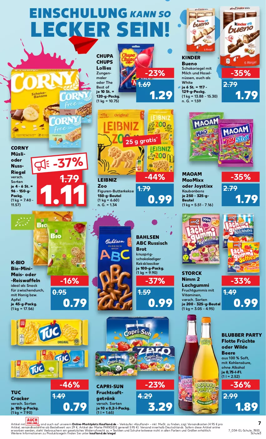 Aktueller Prospekt Kaufland - Kaufland - von 22.08 bis 04.09.2024 - strona 7 - produkty: alkohol, apfel, bahlsen, beere, beutel, bio, bonbons, brot, butter, butterkeks, Cap, capri-sun, chupa, chupa chups, corny, cracker, eis, eiswaffeln, erde, frucht, früchte, fruchtgummi, fruchtgummis, fruchtsaft, fruchtsaftgetränk, getränk, honig, keks, kekse, Kinder, kinder bueno, lachgummi, leibniz, mais, maoam, milch, müsli, ndk, Nimm 2, nuss, nussriegel, ohne alkohol, Parkside, Rauch, reis, Reiswaffeln, rel, riegel, russisch brot, saft, schoko, schokoriegel, schuhe, snack, storck, Ti, tuc, versandkostenfrei, vita, Vitamine, waffeln, Wild