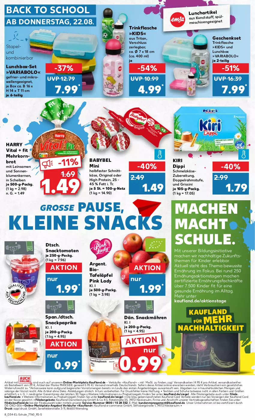 Aktueller Prospekt Kaufland - Kaufland - von 22.08 bis 04.09.2024 - strona 8 - produkty: angebot, angebote, babybel, bio, blume, blumen, brot, dip, doppelrahmstufe, eis, elle, ente, erde, flasche, geschenkset, gin, grissini, halbfester schnittkäse, Käse, Kinder, kiri, korn, Kornbrot, leine, lunchbox, mac, mikrowelle, möhren, ndk, obst, Obst und Gemüse, paprika, Parkside, Pink Lady, Rauch, reis, rel, Ria, Schmelzkäse, schmelzkäsezubereitung, schnittkäse, schuhe, snack, snacks, sonnenblume, sonnenblumen, Sonnenblumenkerne, sonnenblumenkernen, spülmaschinen, tafeläpfel, Ti, tomate, tomaten, trinkflasche, und gemüse, versandkostenfrei, vita, ZTE