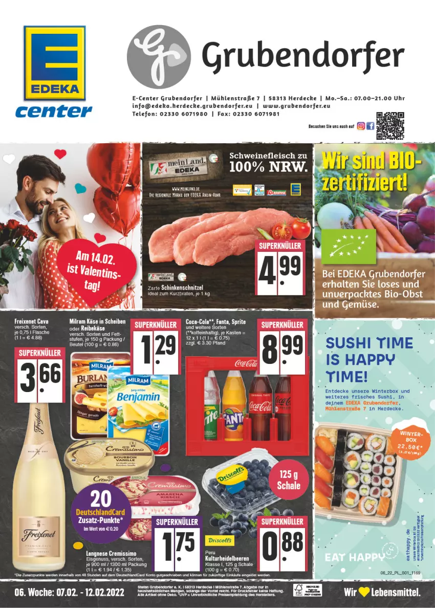 Aktueller Prospekt E Center - Angebote der Woche - von 07.02 bis 12.02.2022 - strona 1 - produkty: beere, beeren, bourbon, bourbon vanille, braten, Cava, cremissimo, decke, deka, deutschlandcard, ente, erde, freixenet, heidelbeere, heidelbeeren, Käse, langnese, langnese cremissimo, lebensmittel, milram, Reibekäse, Schal, Schale, schnitzel, sim, Sushi, telefon, Ti, uhr, vanille