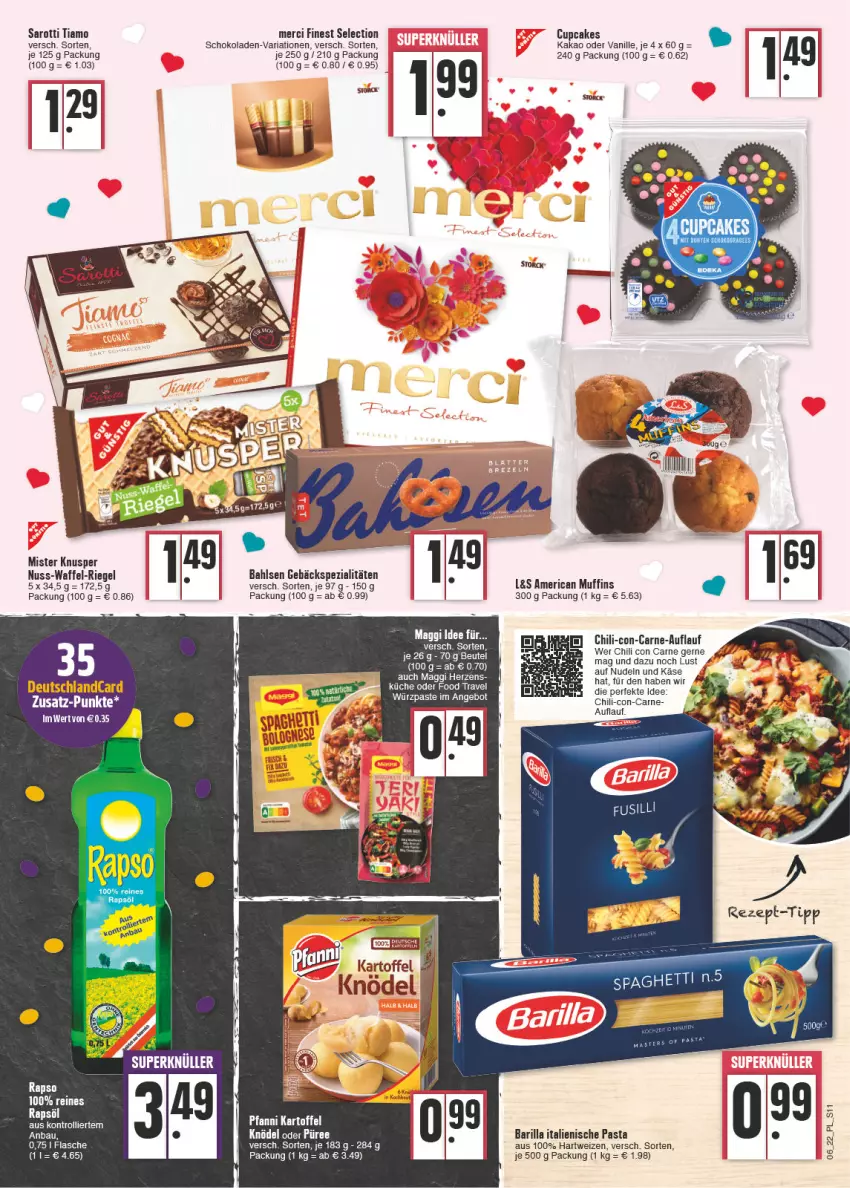 Aktueller Prospekt E Center - Angebote der Woche - von 07.02 bis 12.02.2022 - strona 11 - produkty: bahlsen, barilla, Bau, chili, flasche, hartweizen, italienische pasta, kakao, Käse, Knödel, merci, Muffin, muffins, nudel, nudeln, nuss, pasta, püree, rapsöl, Ria, riegel, saro, sarotti, schoko, schokolade, schokoladen, Spezi, storck, Ti, trolli, vanille