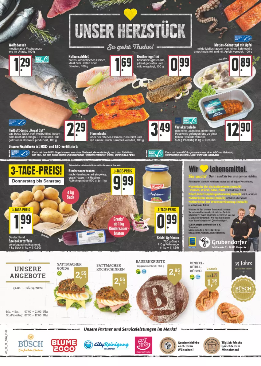 Aktueller Prospekt E Center - Angebote der Woche - von 07.02 bis 12.02.2022 - strona 16 - produkty: angebot, angebote, apfel, apfelmus, aqua, arla, asti, auer, Bau, Bauer, bier, braten, brot, eier, eis, filet, fisch, fische, Fischer, fleisch, gouda, Heilbuttfilet, hering, Herings, karamell, kochschinken, lachs, lachsfilet, lamm, LG, mac, matjes, nuss, reis, rind, rinder, ring, Rotbarsch, rotbarschfilet, rotkohl, sac, sahne, Schere, schinken, Soße, Ti, tisch, uhr, wolfsbarsch