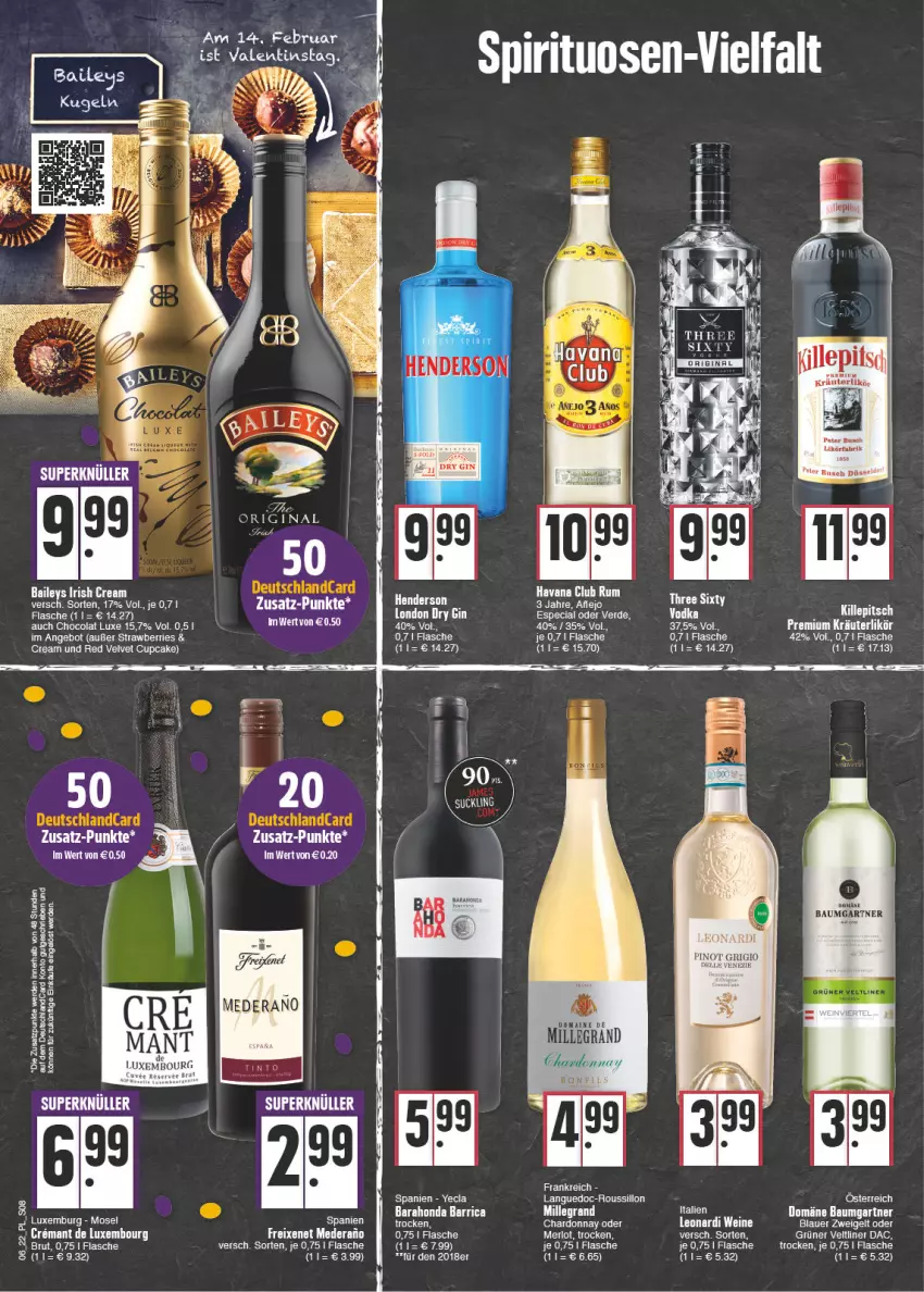 Aktueller Prospekt E Center - Angebote der Woche - von 07.02 bis 12.02.2022 - strona 8 - produkty: angebot, auer, baileys, Bau, blauer zweigelt, brut, chardonnay, cola, dell, deutschlandcard, elle, erde, flasche, freixenet, gin, Havana Club, kräuter, kräuterlikör, likör, merl, merlot, Pinot, pinot grigio, rum, tee, Three Sixty, Ti, velvet, wein, weine, Zweigelt