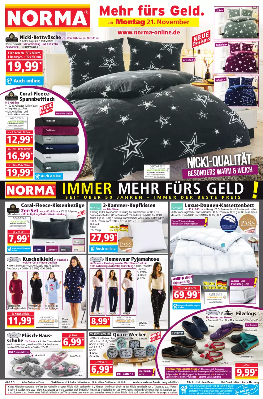 Aktueller Prospekt Norma - Norma - von 21.11 bis 28.11.2022 - strona 1 - produkty: aqua, aufbewahrungstasche, batterie, Bau, baumwolle, Bebe, beere, beleuchtung, bett, Betttuch, bettwäsche, Clogs, Coral, daunen und federn, decksohle, eis, elle, ente, gin, Hausschuhe, hose, kissen, kleid, kopfkissen, Kuschelkleid, lavendel, LG, mikrofaser, mint, ndk, orchidee, Plüsch, Pyjama, reis, Ria, schuhe, spannbetttuch, Tasche, Ti, Tipi, tisch, tuc, weck, wolle