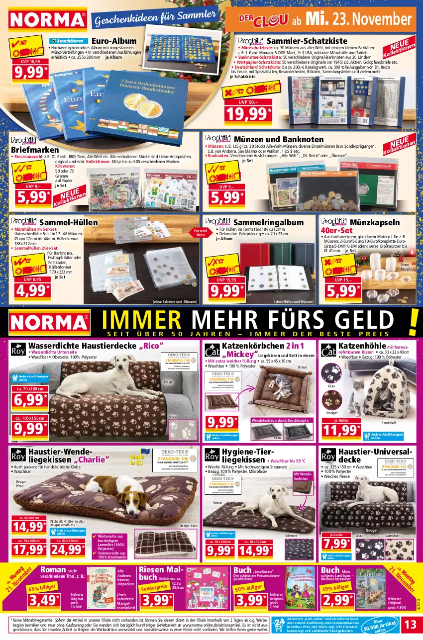 Aktueller Prospekt Norma - Norma - von 21.11 bis 28.11.2022 - strona 13 - produkty: aust, Bank, Bau, baumwolle, Bebe, bett, braun, brie, buch, decke, eis, elle, erde, gin, Heu, kissen, Körbchen, lamm, leine, Liege, Malbuch, mikrofaser, ndk, papier, reis, Ria, ring, Spezi, Stier, tablet, tablett, Ti, Tiere, wasser, wolle, ZTE