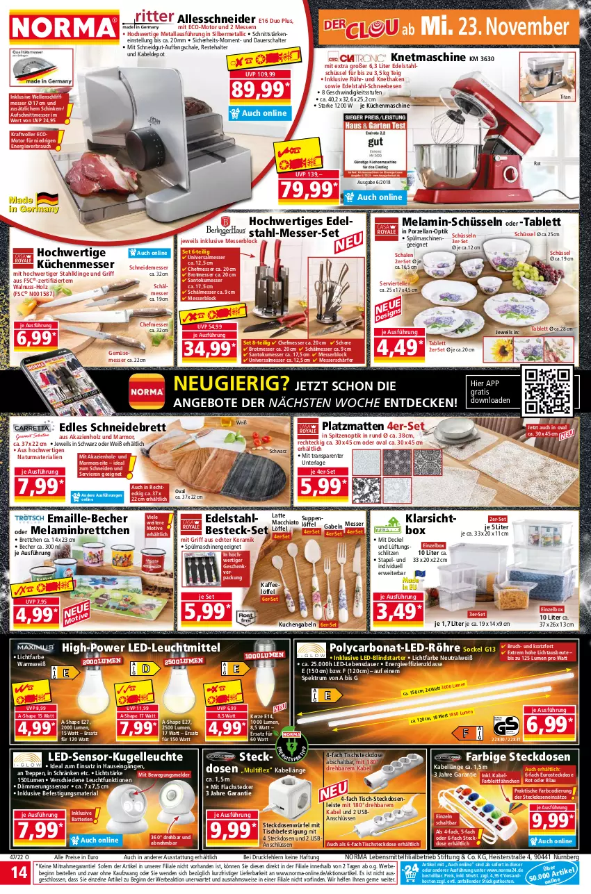 Aktueller Prospekt Norma - Norma - von 21.11 bis 28.11.2022 - strona 14 - produkty: ACC, angebot, angebote, auer, aufschnitt, batterie, batterien, Bau, Becher, besteck, besteck-set, Bona, Brettchen, brot, chia, decke, Deckel, edelstahl, eis, elle, ente, gabel, gin, Holz, kaffee, kerze, Klarsichtbox, kraft, küche, Küchen, kuchen, küchenmaschine, Kugel, lachs, latte, lebensmittel, Leuchte, leuchtmittel, Löffel, mac, macchiato, maille, messer, messerblock, natur, nuss, Rauch, reis, Ria, rum, rwe, Schal, Schale, Schere, schinken, Schneebesen, schneidebrett, schüssel, Spektrum, spülmaschinen, steckdose, suppe, suppen, tablet, tablett, teller, Ti, tisch, usb, walnuss, würfel