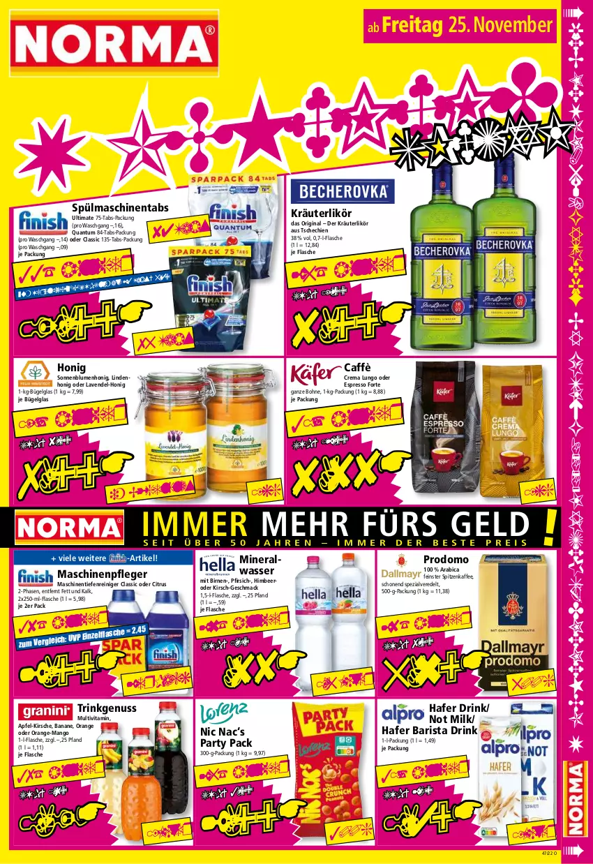 Aktueller Prospekt Norma - Norma - von 21.11 bis 28.11.2022 - strona 15 - produkty: Alwa, apfel, banane, Birnen, blume, blumen, bohne, bügel, citrus, drink, espresso, feinster spitzenkaffee, flasche, gin, hafer, himbeer, honig, kaffee, kirsch, kirsche, kräuter, kräuterlikör, lavendel, LG, likör, lungo, mac, mango, Maschinenpfleger, mineralwasser, nuss, oder espresso, orange, pfirsich, prodomo, reiniger, sonnenblume, sonnenblumen, Spezi, spülmaschinen, spülmaschinentabs, Ti, vita, wasser