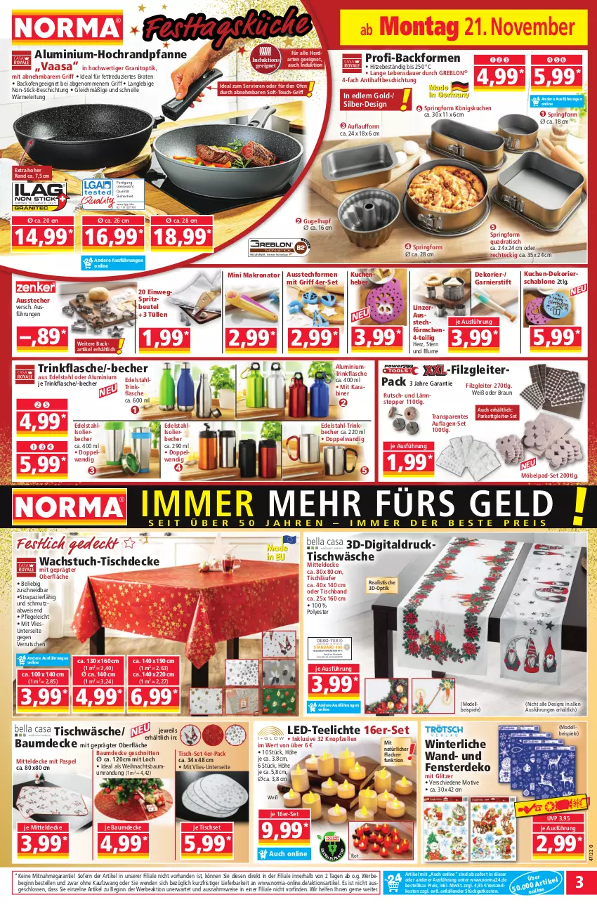 Aktueller Prospekt Norma - Norma - von 21.11 bis 28.11.2022 - strona 3 - produkty: auer, Ausstecher, Ausstechformen, Backform, backofen, Bau, Bebe, Becher, beutel, blume, braten, braun, decke, dell, edelstahl, eis, elle, ente, erde, fenster, flasche, garnier, gin, herdarten, isolierbecher, kuchen, Kuchenheber, lack, Lacke, Läufer, LG, mitteldecke, möbel, Mode, ndk, Ofen, pfanne, quad, reis, ring, schnitten, Spiele, Springform, tee, Teelicht, teelichte, Ti, tisch, tischdecke, tischläufer, Tischset, Tischwäsche, topper, trinkbecher, trinkflasche, tuc, wachstuch, Weihnachtsbaum