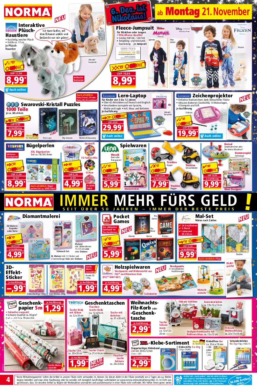 Aktueller Prospekt Norma - Norma - von 21.11 bis 28.11.2022 - strona 4 - produkty: aust, batterie, batterien, Beba, Bebe, bilderrahmen, body, bügel, Cars, dell, eis, elle, fairy, flasche, Geschenkpapier, Geschenktasche, gin, Holz, jumpsuit, Kinder, kleber, korb, Körbchen, Laptop, latte, Laufen, leine, Lernspiel, Leuchte, LG, Maus, Mett, Mode, ndk, papier, Paw Patrol, perlen, Pfau, Pinsel, Plüsch, Projektor, Puzzle, reis, Roller, Schlitten, Schmetterling, Schmuck, Spiele, spielwaren, Stier, stifte, Tasche, taschen, Ti, Tiere, Tipi, torte, wedel, Wild, würfel