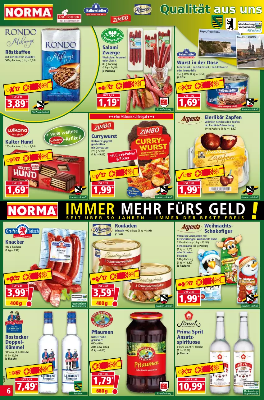 Aktueller Prospekt Norma - Norma - von 21.11 bis 28.11.2022 - strona 6 - produkty: bratwurst, creme, curry, currywurst, dell, eier, eierlikör, flasche, frucht, grill, kaffee, knacker, Kreide, kühlregal, leberwurst, likör, lorenz, milch, mortadella, peperoni, Peroni, pflaume, pflaumen, pingui, regal, röstkaffee, Rostocker, Rotwurst, rouladen, salami, sauce, Schal, Schale, schnitten, schoko, schokolade, schokoladen, schwein, Ti, vollmilch, wein, wurst, zucker