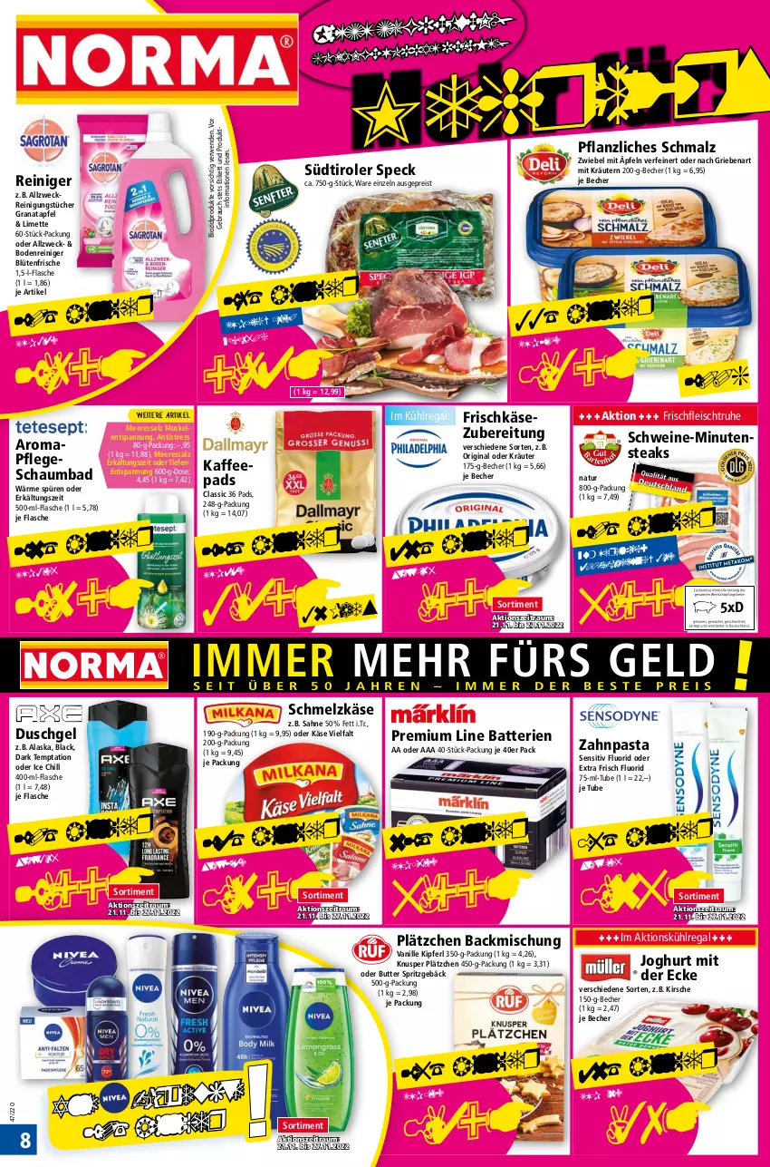 Aktueller Prospekt Norma - Norma - von 21.11 bis 28.11.2022 - strona 8 - produkty: apfel, backmischung, Bad, batterie, batterien, Becher, bio, biozidprodukte, Blüte, butter, duschgel, eis, Erkältungs, flasche, fleisch, frischkäse, frischkäsezubereitung, gin, grana, granatapfel, joghur, joghurt, joghurt mit der ecke, kaffee, kaffeepads, Käse, käse vielfalt, kirsch, kirsche, kräuter, kräutern, kühlregal, lack, Lätzche, limette, malz, Mett, natur, oder kräuter, pasta, Rana, Rauch, regal, reiniger, Reinigung, reinigungstücher, reis, rwe, sahne, salz, schaumbad, Schmalz, Schmelzkäse, schwein, schweine, Speck, Spritzgebäck, steak, steaks, südtiroler, Ti, tücher, vanille, weck, wein, weine, zahnpasta, zwiebel