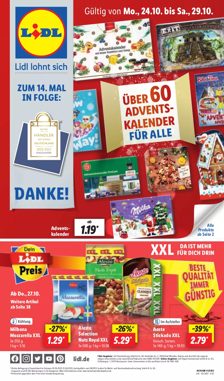 Aktueller Prospekt Lidl - Aktionsprospekt - von 24.10 bis 29.10.2022 - strona 1 - produkty: alesto, angebot, angebote, aoste stickado, Bad, bio, Bona, discount, eis, elle, erde, LG, Milbona, mozzarella, preisvorteil, reis, rel, stickado, teller, Ti