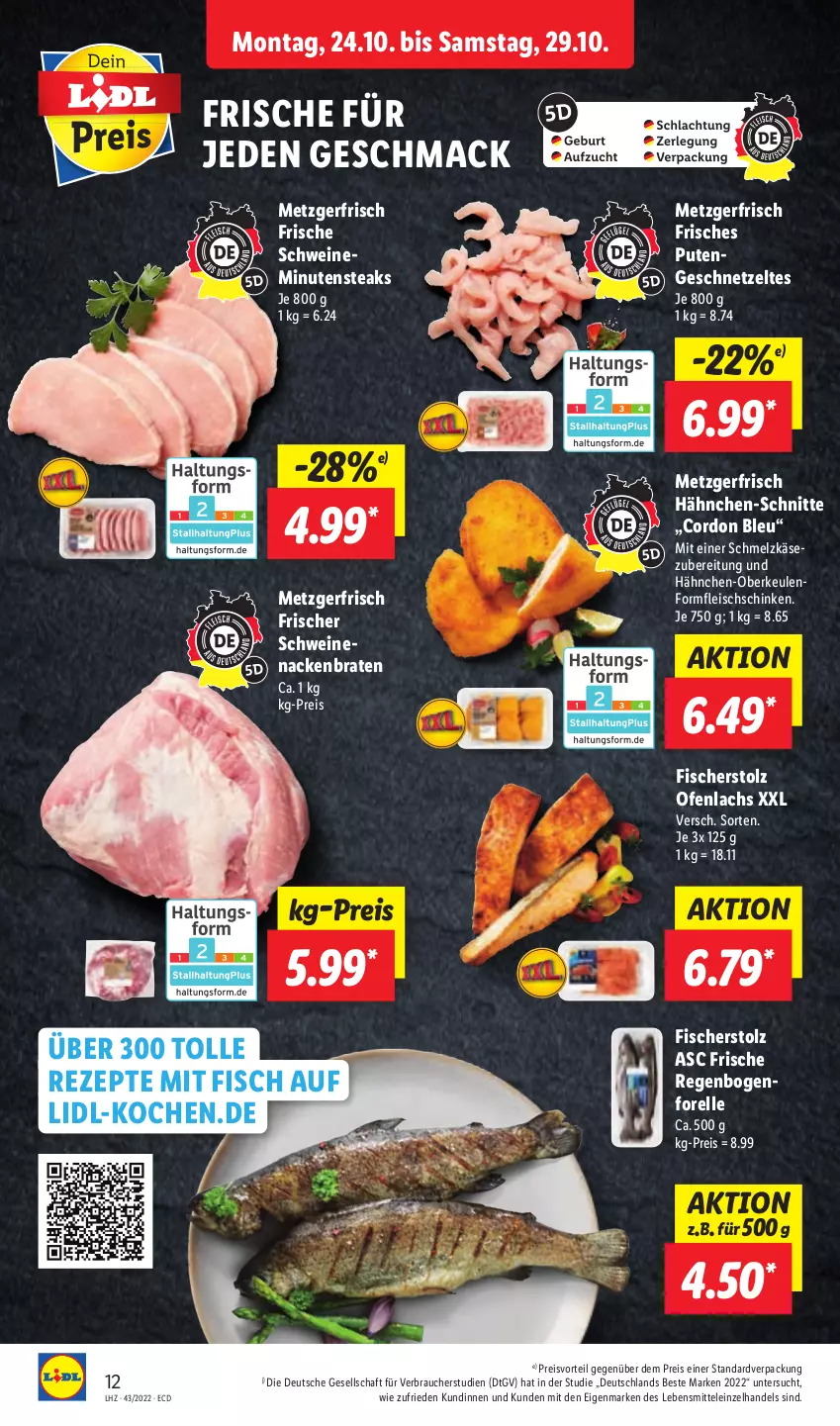 Aktueller Prospekt Lidl - Aktionsprospekt - von 24.10 bis 29.10.2022 - strona 14 - produkty: braten, cordon bleu, eis, elle, fisch, fische, Fischer, fleisch, forelle, geschnetzeltes, Hähnchen-Oberkeulen, Käse, lachs, lebensmittel, mac, minutensteaks, Ofen, preisvorteil, pute, Putengeschnetzeltes, Rauch, reis, rel, rezept, rezepte, schinken, Schmelzkäse, schmelzkäsezubereitung, schwein, schweine, schweinenacken, steak, steaks, Ti, wein, weine, Zelt