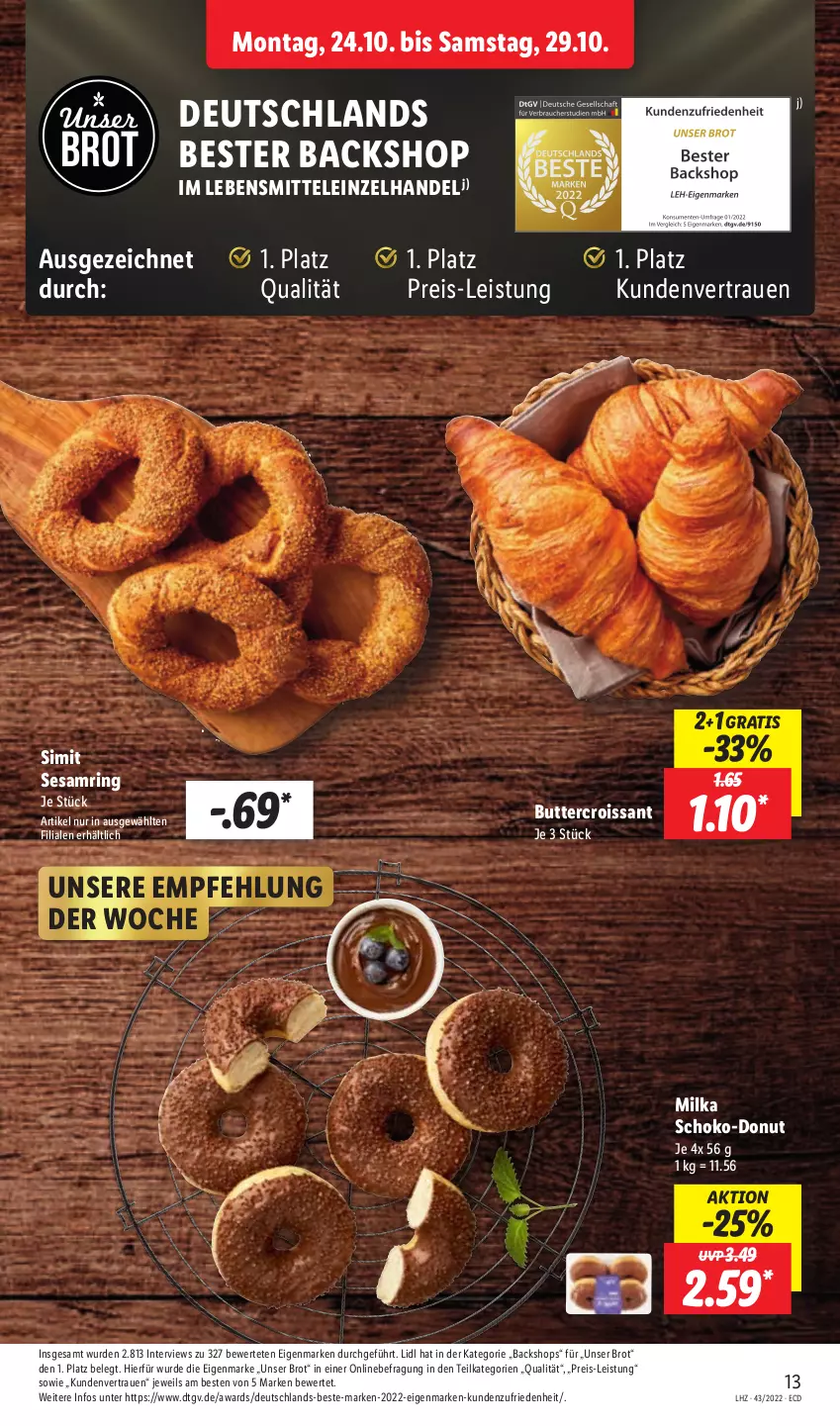 Aktueller Prospekt Lidl - Aktionsprospekt - von 24.10 bis 29.10.2022 - strona 15 - produkty: brot, butter, Croissant, Donut, eis, lebensmittel, milka, reis, ring, schoko, sesam, Sesamring, sim, Ti