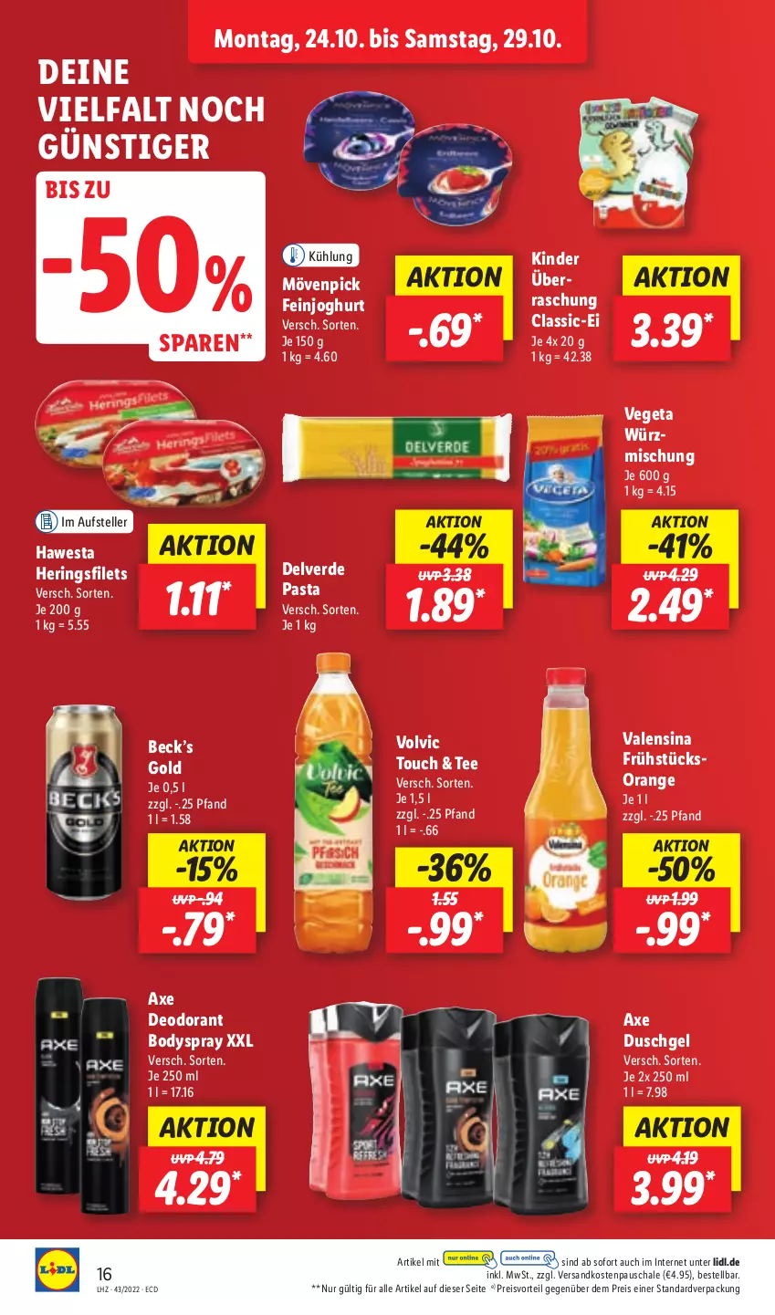 Aktueller Prospekt Lidl - Aktionsprospekt - von 24.10 bis 29.10.2022 - strona 18 - produkty: axe, axe duschgel, body, bodyspray, deo, deodorant, duschgel, eis, elle, erde, feinjoghurt, filet, filets, hawesta, hering, Herings, heringsfilets, joghur, joghurt, Kinder, mövenpick, ndk, orange, pasta, preisvorteil, reis, ring, Schal, Schale, tee, teller, Ti, valensina, Vegeta, volvic