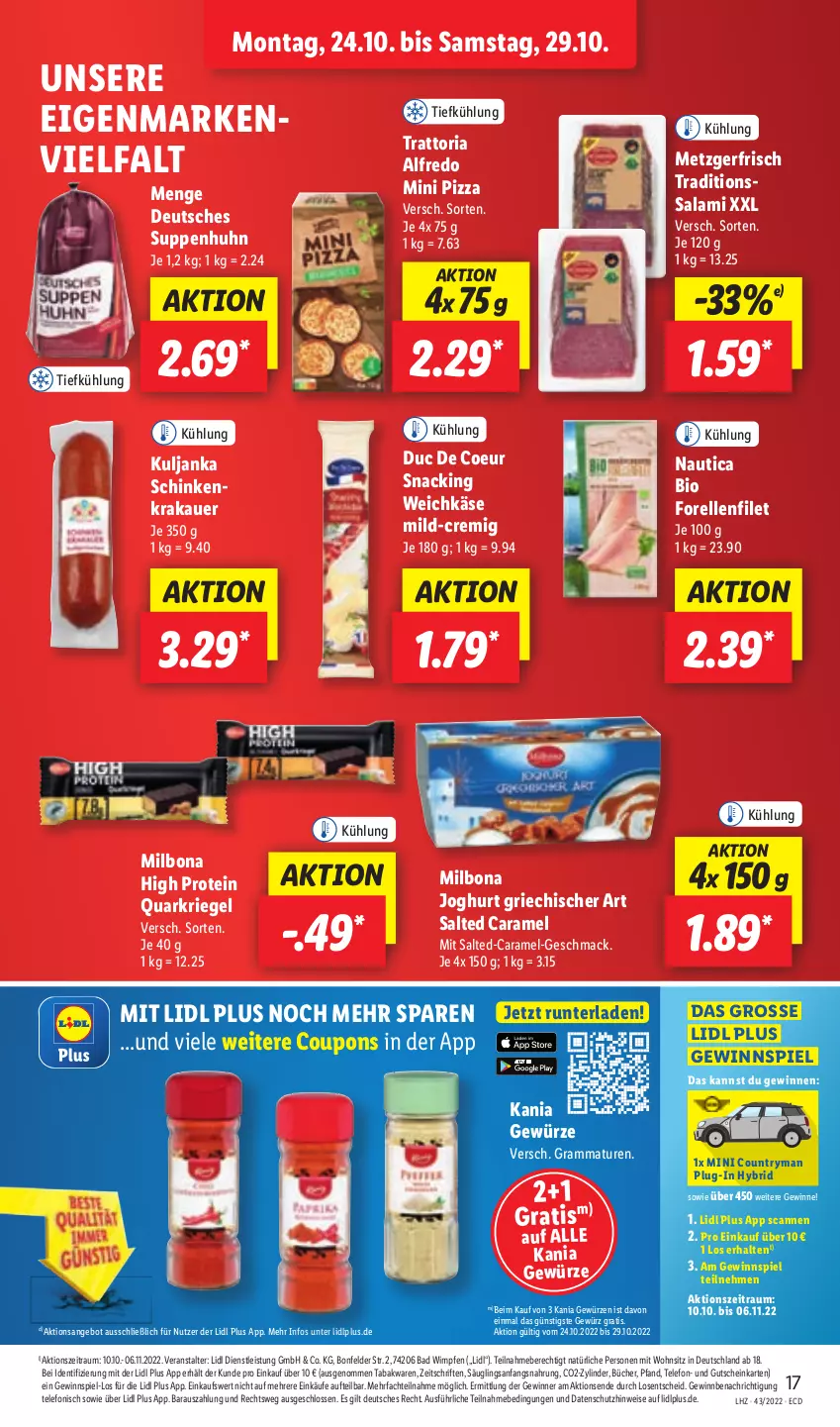 Aktueller Prospekt Lidl - Aktionsprospekt - von 24.10 bis 29.10.2022 - strona 19 - produkty: angebot, auer, Bad, bio, Bona, caramel, coupon, coupons, eis, elle, filet, forelle, gewinnspiel, gewürz, gutschein, joghur, joghurt, Käse, krakauer, mac, Milbona, pizza, quark, Quarkriegel, rel, Ria, riegel, salami, schinken, schinkenkrakauer, snack, suppe, suppen, Suppenhuhn, telefon, Ti, weichkäse