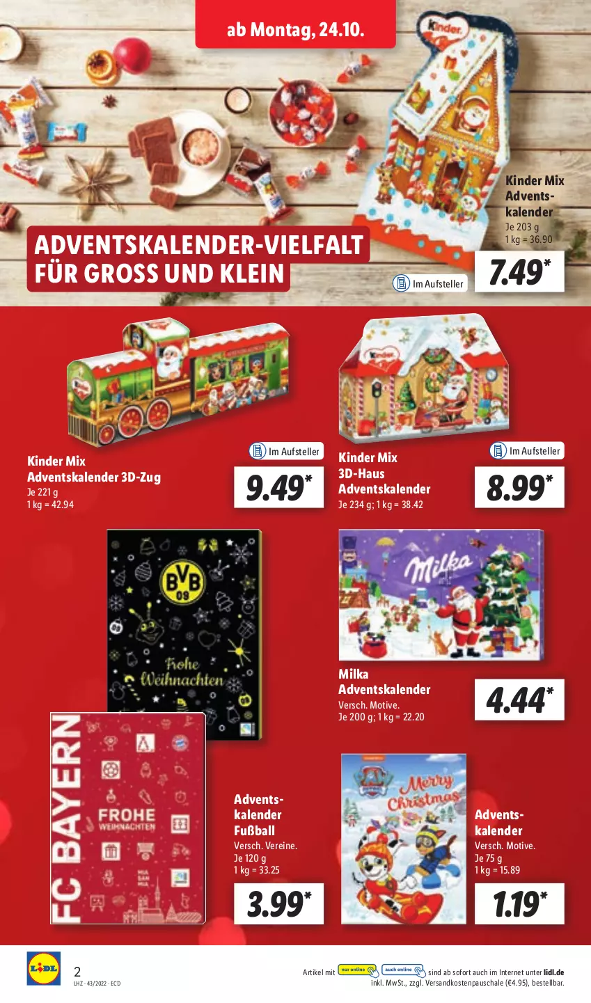 Aktueller Prospekt Lidl - Aktionsprospekt - von 24.10 bis 29.10.2022 - strona 2 - produkty: Adventskalender, ball, elle, Fußball, Kinder, milka, ndk, Schal, Schale, teller, Ti