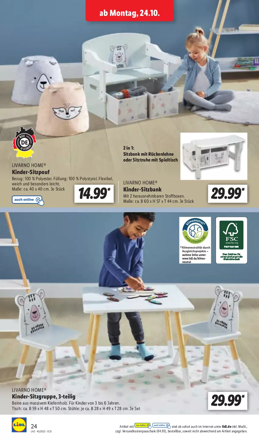 Aktueller Prospekt Lidl - Aktionsprospekt - von 24.10 bis 29.10.2022 - strona 26 - produkty: Bank, Holz, Kinder, ndk, rückenlehne, Schal, Schale, sitzbank, Sitztruhe, Spieltisch, Stühl, Ti, tisch