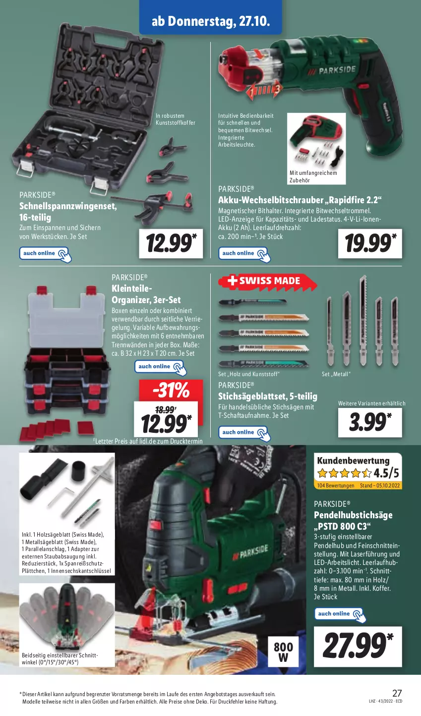 Aktueller Prospekt Lidl - Aktionsprospekt - von 24.10 bis 29.10.2022 - strona 29 - produkty: adapter, akku, angebot, Arbeitsleuchte, dell, eis, Elan, elle, Holz, koffer, Leuchte, Mode, Parkside, Pendelhubstichsäge, reis, Ria, riegel, rwe, säge, stichsäge, Ti, tisch, trommel, ZTE