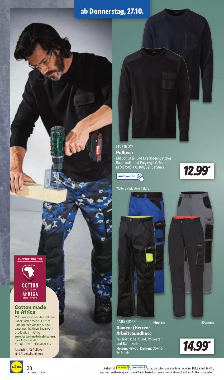 Aktueller Prospekt Lidl - Aktionsprospekt - von 24.10 bis 29.10.2022 - strona 30 - produkty: asti, Bau, baumwolle, elle, hose, livergy, ndk, Parkside, Pullover, Ria, Schal, Schale, Ti, tisch, wolle