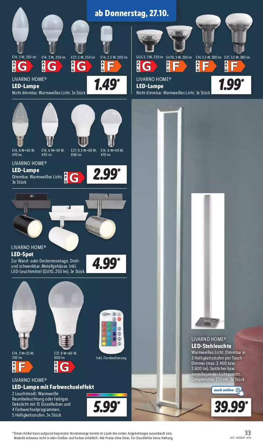 Aktueller Prospekt Lidl - Aktionsprospekt - von 24.10 bis 29.10.2022 - strona 35 - produkty: angebot, aust, beleuchtung, decke, dell, dimmer, eis, elle, fernbedienung, Lampe, led-stehleuchte, Leuchte, leuchtmittel, LG, Liege, Mode, reis, stehleuchte, Ti, ZTE