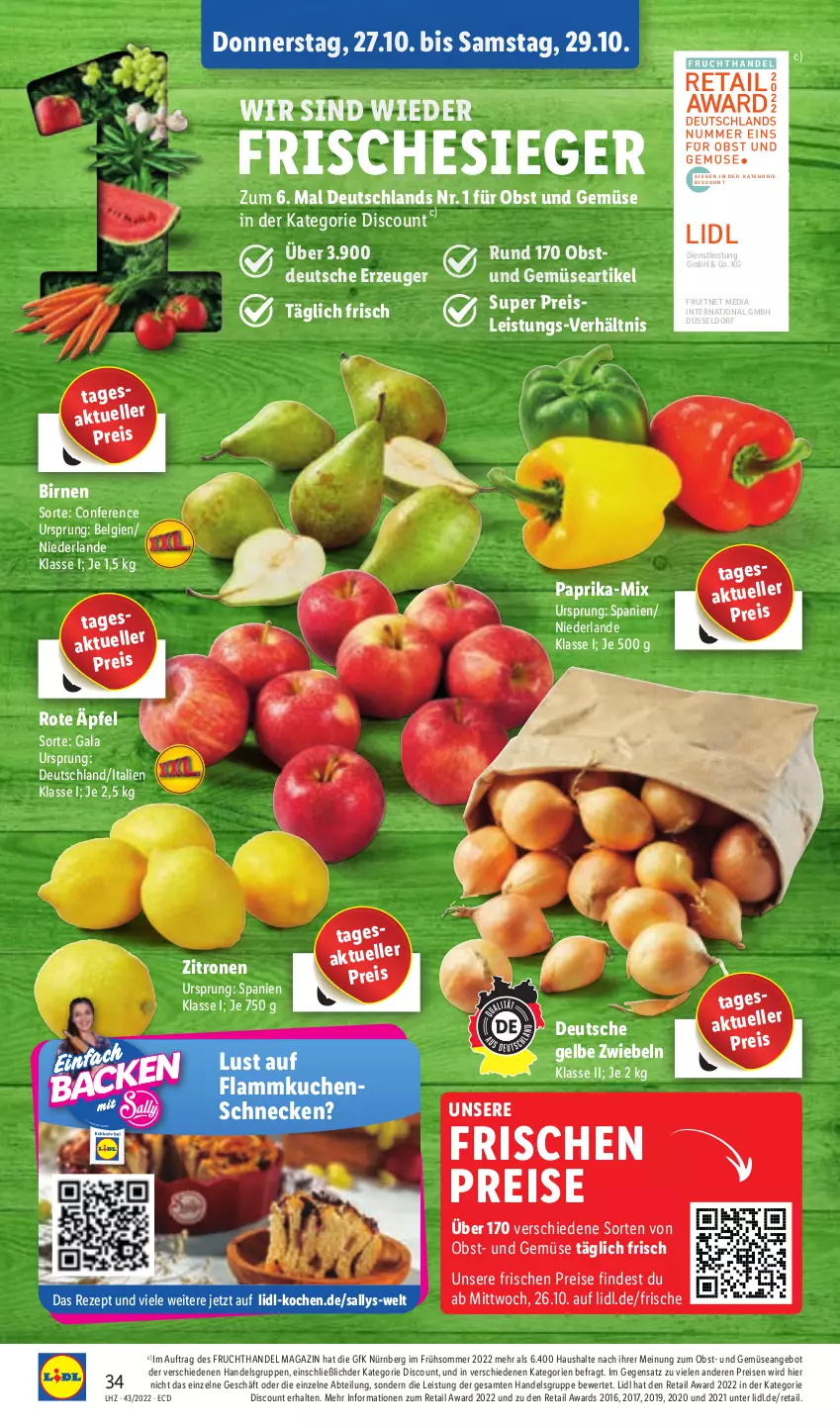 Aktueller Prospekt Lidl - Aktionsprospekt - von 24.10 bis 29.10.2022 - strona 36 - produkty: Abtei, angebot, Birnen, discount, eis, elle, ente, flammkuchen, frucht, kuchen, lamm, LG, magazin, obst, Obst und Gemüse, paprika, reis, rezept, Ti, und gemüse, zitrone, zitronen, zwiebel, zwiebeln