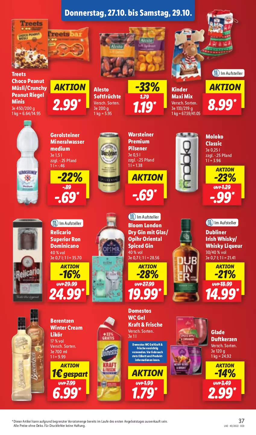 Aktueller Prospekt Lidl - Aktionsprospekt - von 24.10 bis 29.10.2022 - strona 39 - produkty: alesto, Alwa, angebot, berentzen, domestos, dry gin, Duftkerze, eis, elle, früchte, gerolsteine, gerolsteiner, gin, Glade, kerze, Kinder, Kinder Maxi, kraft, likör, liqueur, london dry, london dry gin, mineralwasser, Mineralwasser Medium, müsli, pils, pilsener, premium pils, Rauch, reis, rel, riegel, rwe, steiner, teller, Ti, warsteiner, wasser, whisky, ZTE