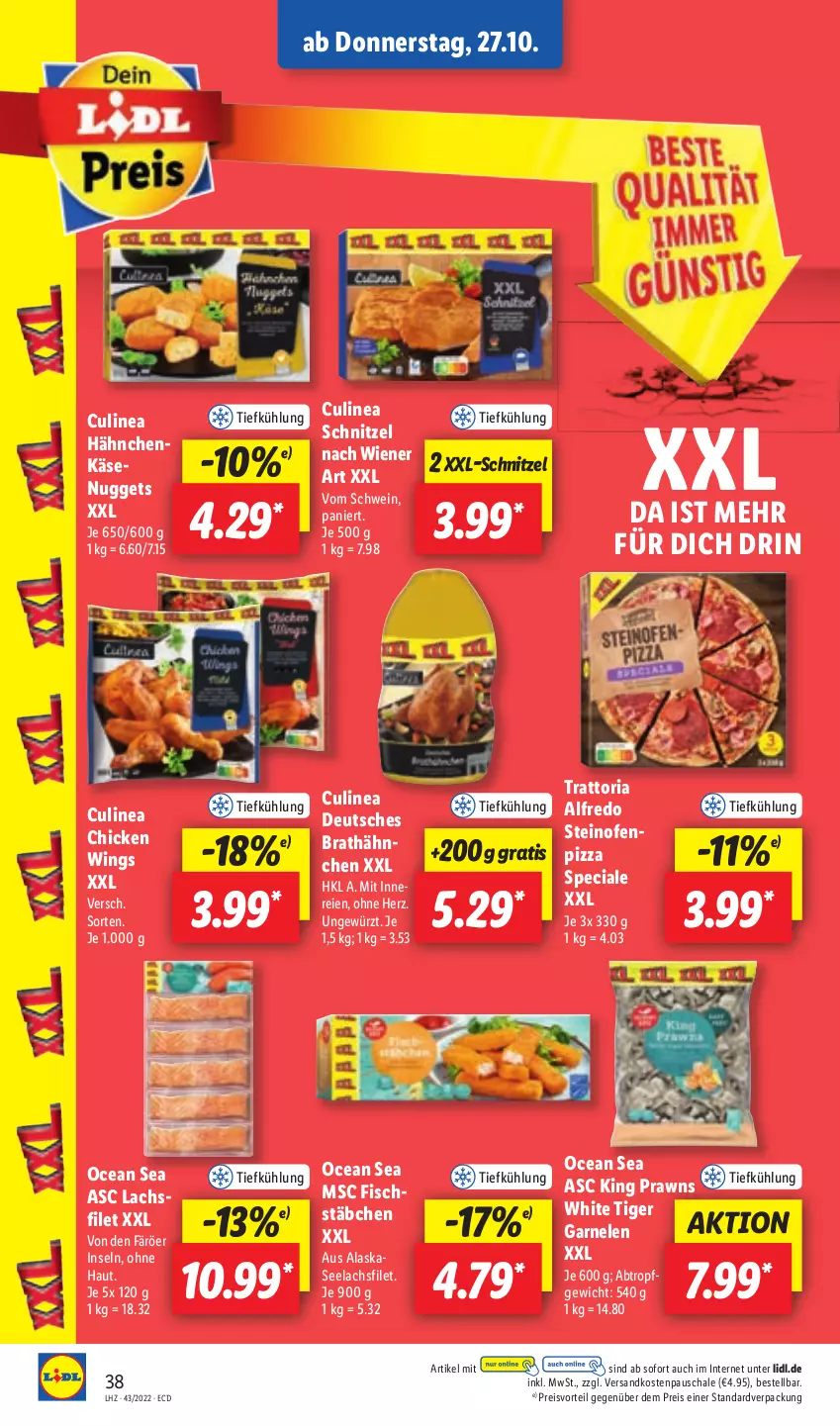 Aktueller Prospekt Lidl - Aktionsprospekt - von 24.10 bis 29.10.2022 - strona 40 - produkty: chicken wings, eis, filet, fisch, fischstäbchen, garnelen, gewürz, Käse, lachs, lachsfilet, ndk, nuggets, Ofen, pizza, prawns, preisvorteil, reis, Ria, Schal, Schale, schnitzel, schwein, seelachsfilet, steinofen, Ti, wein, wiener