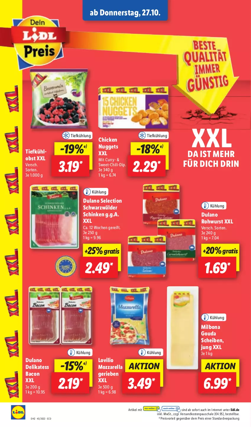 Aktueller Prospekt Lidl - Aktionsprospekt - von 24.10 bis 29.10.2022 - strona 44 - produkty: bacon, Bona, chicken nuggets, chili, curry, dip, dulano, eis, gouda, Milbona, mozzarella, ndk, nuggets, obst, preisvorteil, reis, rel, Rohwurst, Schal, Schale, schinken, schwarzwälder schinken, Ti, wurst