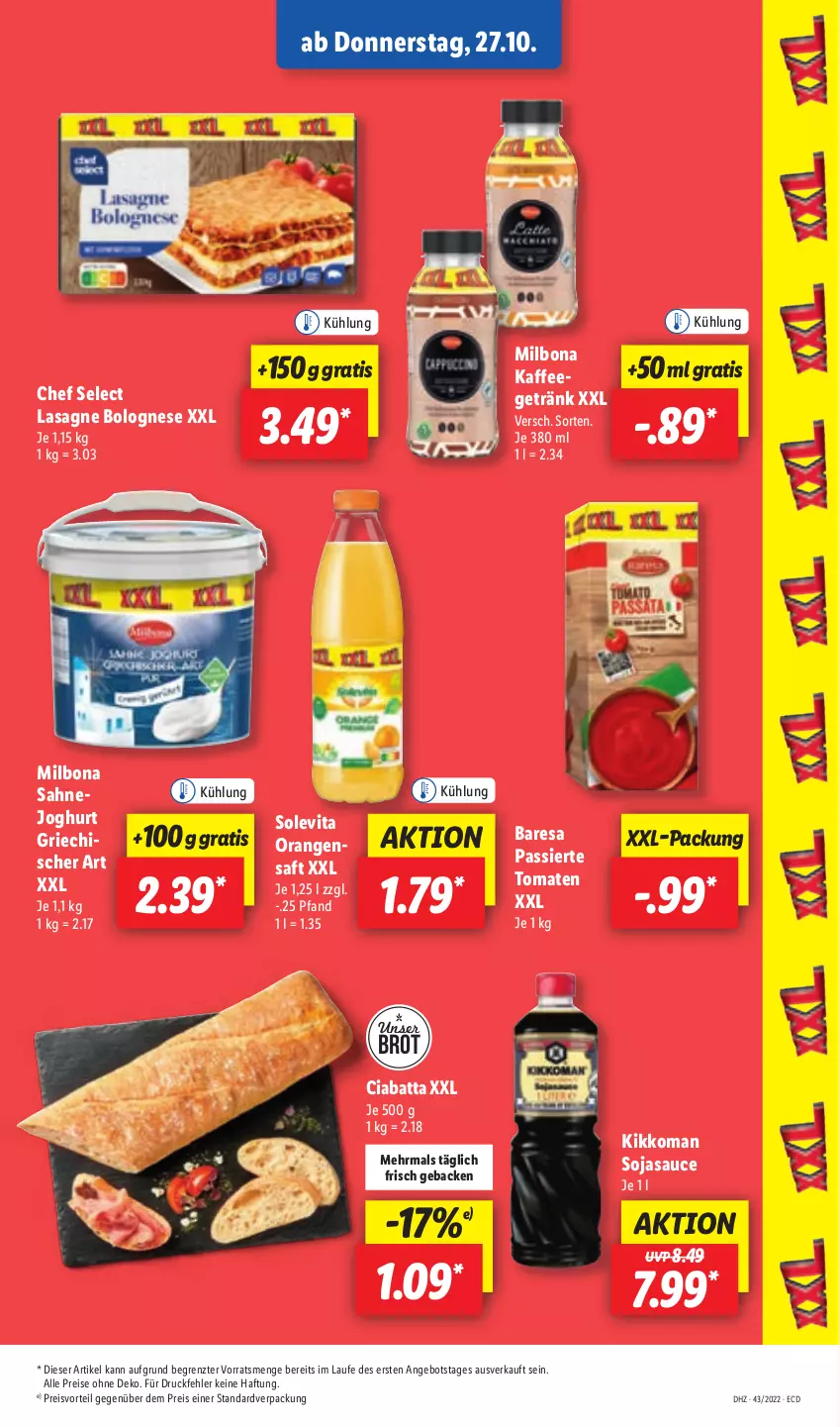 Aktueller Prospekt Lidl - Aktionsprospekt - von 24.10 bis 29.10.2022 - strona 45 - produkty: angebot, bolognese, Bona, brot, ciabatta, eis, geback, getränk, joghur, joghurt, kaffee, kikkoman, lasagne, Milbona, orange, orangen, orangensaft, preisvorteil, reis, resa, saft, sahne, Sahnejoghurt, sauce, soja, sojasauce, Ti, tomate, tomaten, vita, xxl-packung, ZTE