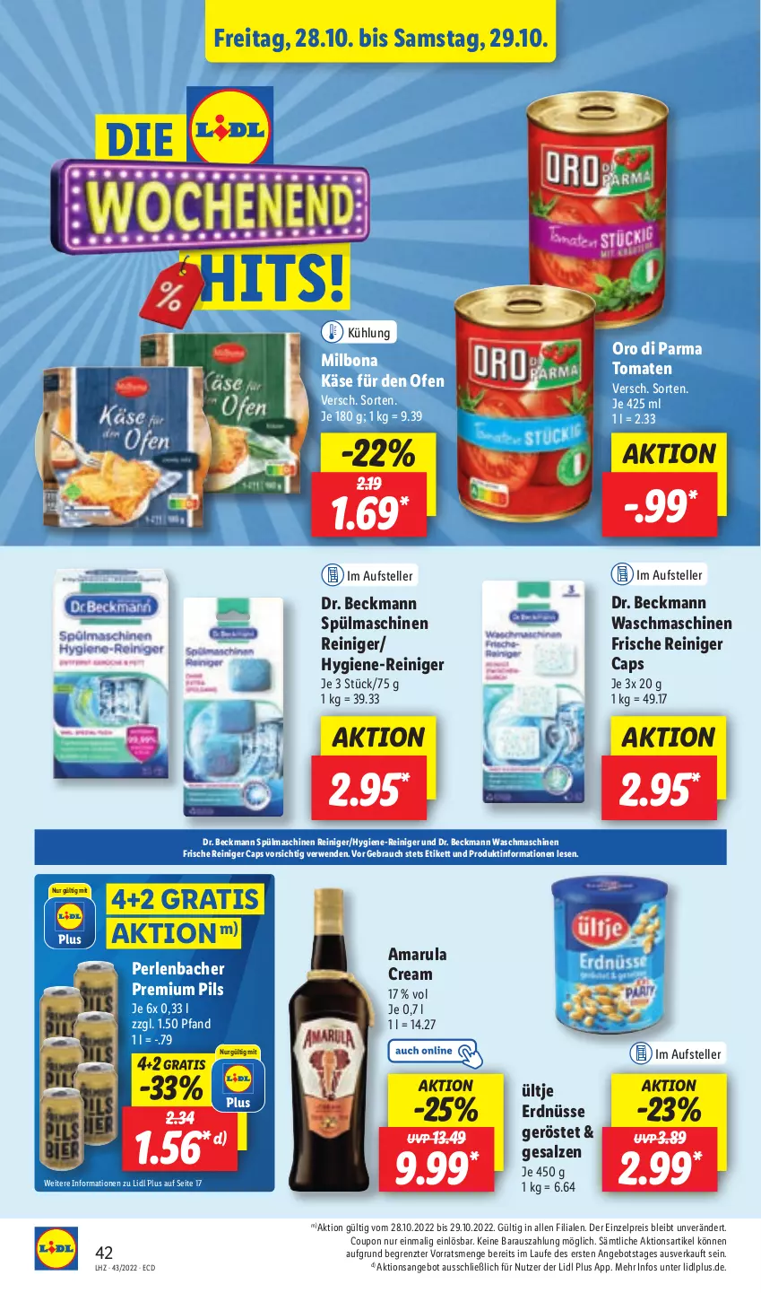 Aktueller Prospekt Lidl - Aktionsprospekt - von 24.10 bis 29.10.2022 - strona 46 - produkty: amarula, angebot, Bona, Cap, coupon, Dr. Beckmann, eis, elle, erdnüsse, hygiene-reiniger, Käse, Milbona, Ofen, oro di parma, perlen, pils, premium pils, Rauch, reiniger, reis, rwe, salz, spülmaschinen, teller, Ti, tomate, tomaten, ültje, ültje erdnüsse, waschmaschine, waschmaschinen, ZTE